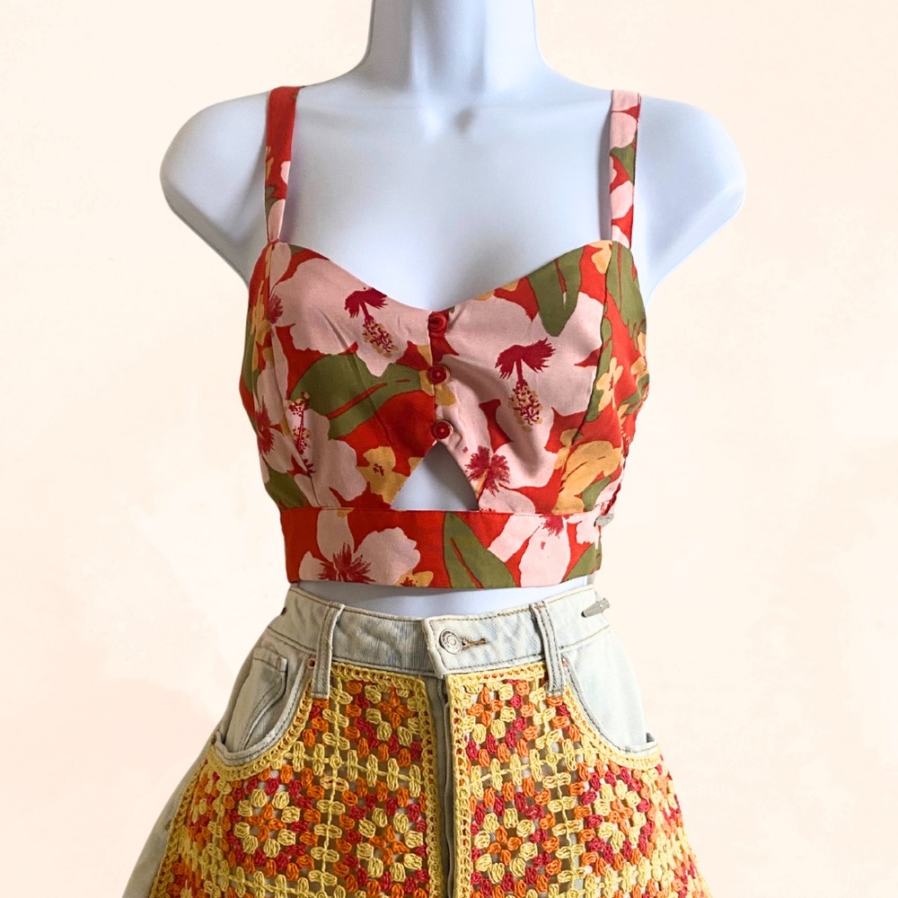 Red Floral Cutout Top